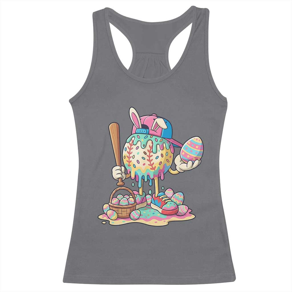 Funny Baseball Easter Bunny Graphic Racerback Tank Top Colorful Drip Egg Hunt Sports Mashup
