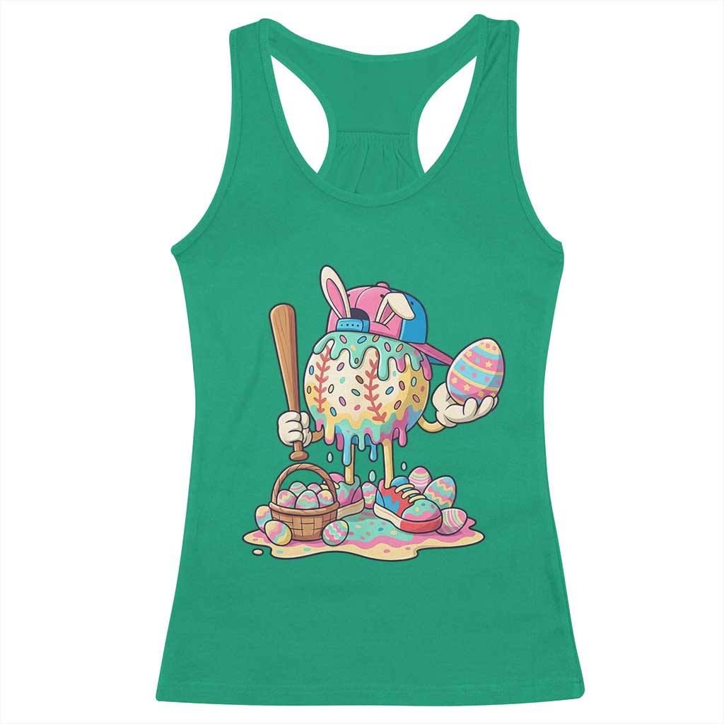 Funny Baseball Easter Bunny Graphic Racerback Tank Top Colorful Drip Egg Hunt Sports Mashup