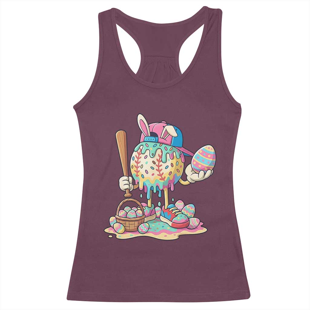 Funny Baseball Easter Bunny Graphic Racerback Tank Top Colorful Drip Egg Hunt Sports Mashup