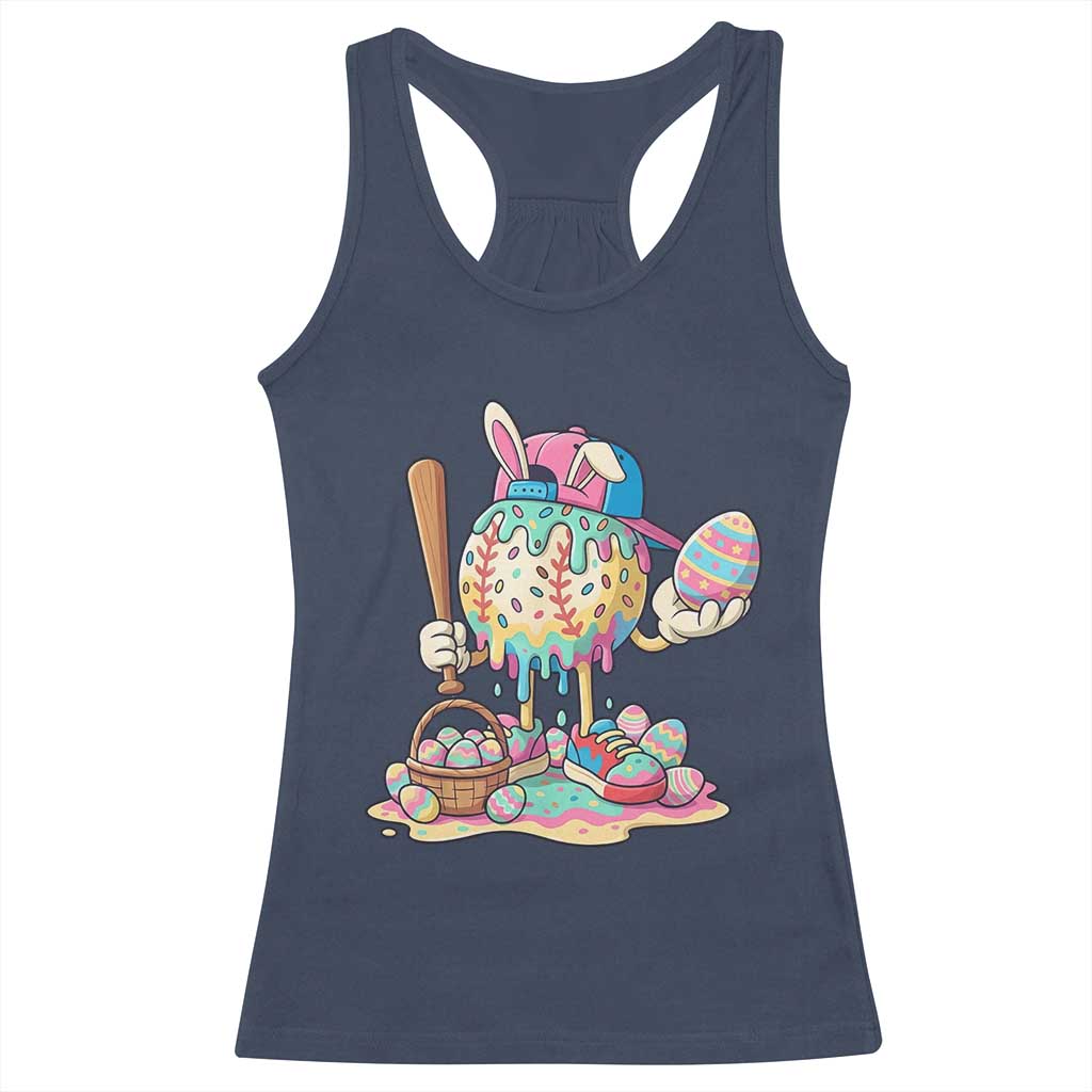 Funny Baseball Easter Bunny Graphic Racerback Tank Top Colorful Drip Egg Hunt Sports Mashup