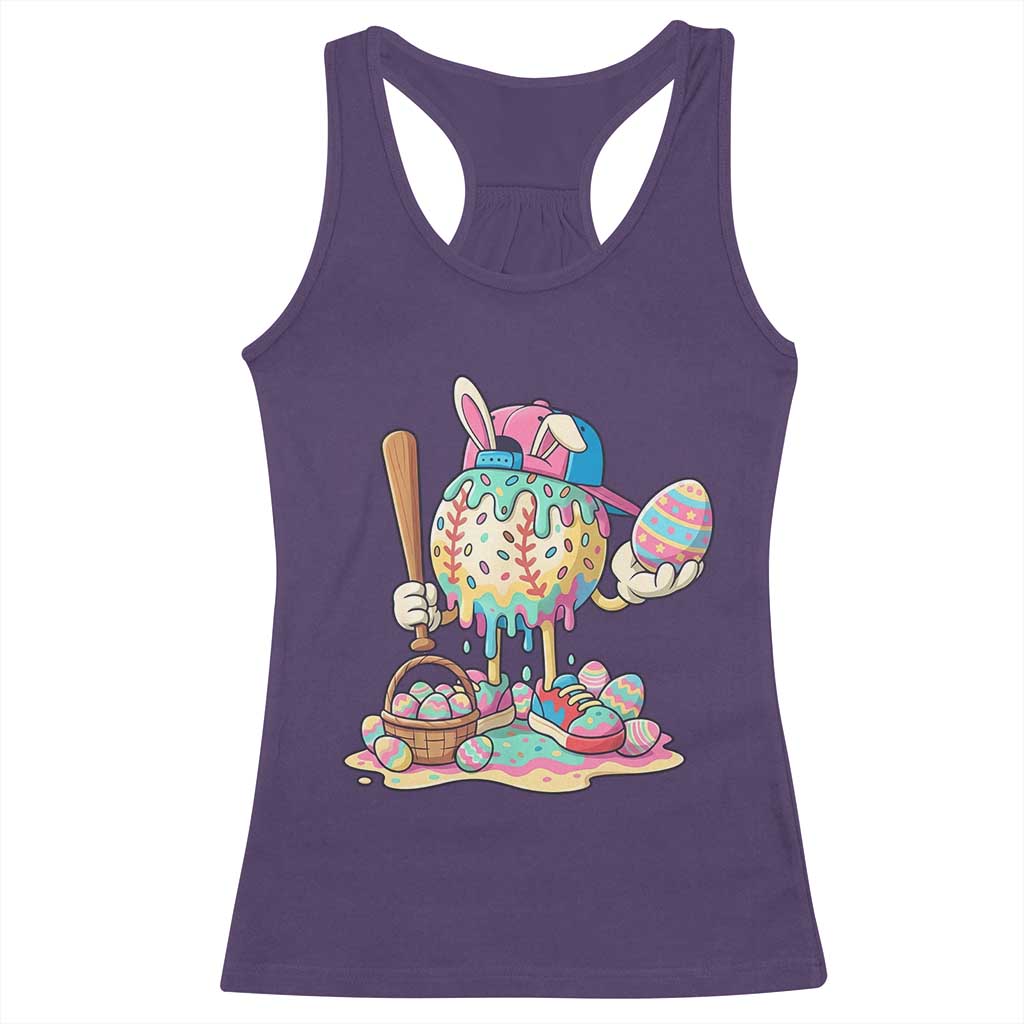 Funny Baseball Easter Bunny Graphic Racerback Tank Top Colorful Drip Egg Hunt Sports Mashup