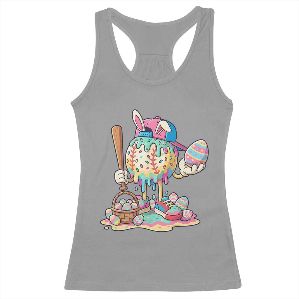 Funny Baseball Easter Bunny Graphic Racerback Tank Top Colorful Drip Egg Hunt Sports Mashup