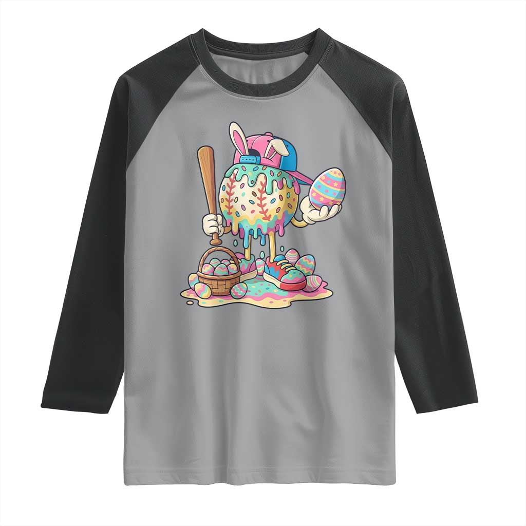 Funny Baseball Easter Bunny Graphic Raglan Shirt Colorful Drip Egg Hunt Sports Mashup
