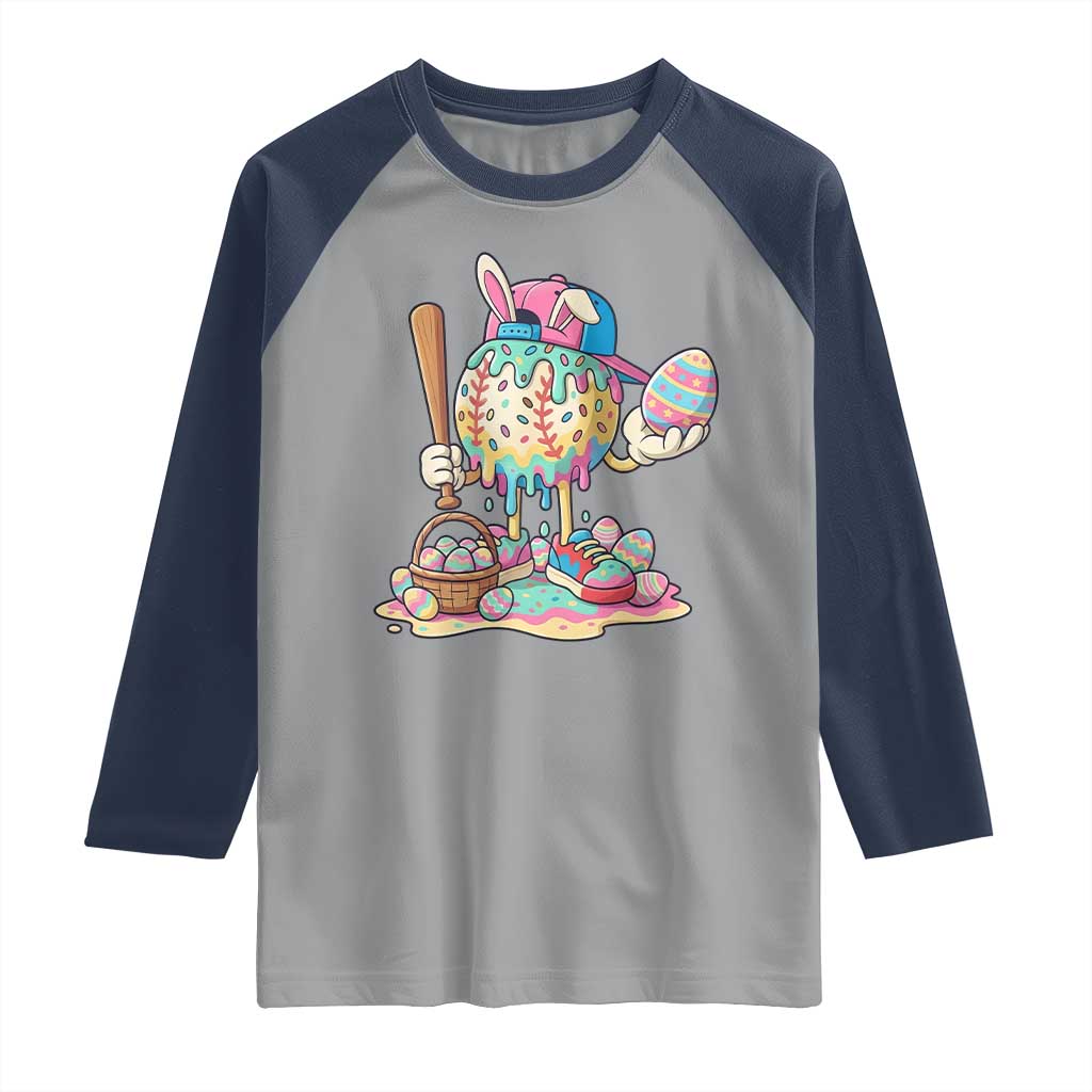 Funny Baseball Easter Bunny Graphic Raglan Shirt Colorful Drip Egg Hunt Sports Mashup