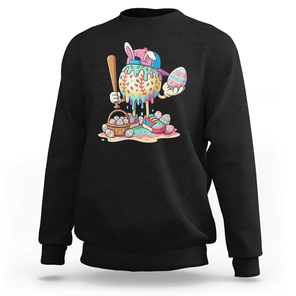 Funny Baseball Easter Bunny Graphic Sweatshirt Colorful Drip Egg Hunt Sports Mashup