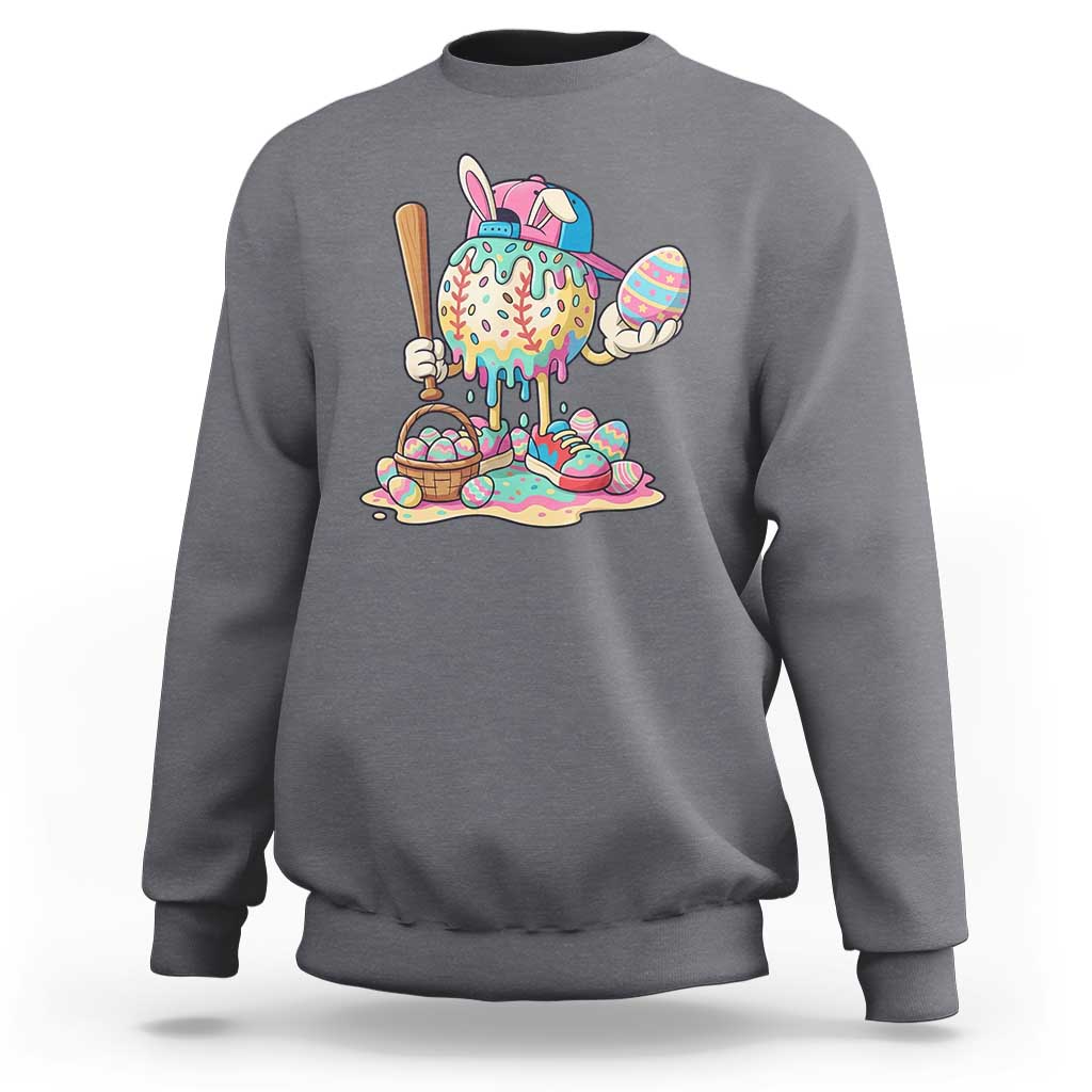 Funny Baseball Easter Bunny Graphic Sweatshirt Colorful Drip Egg Hunt Sports Mashup