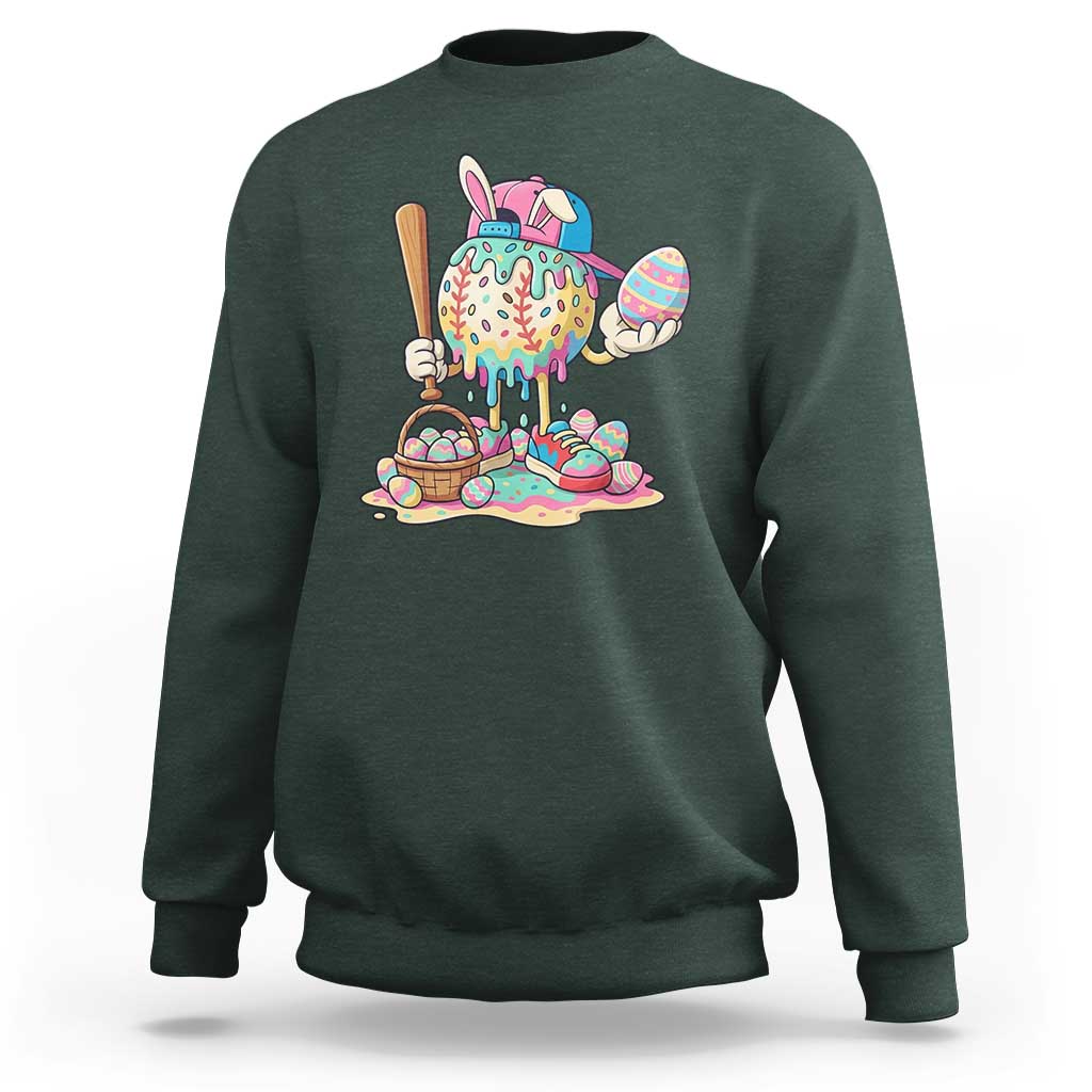 Funny Baseball Easter Bunny Graphic Sweatshirt Colorful Drip Egg Hunt Sports Mashup