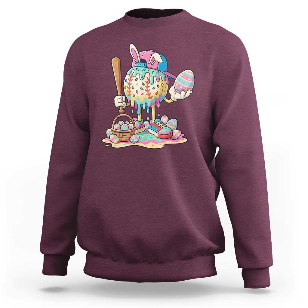 Funny Baseball Easter Bunny Graphic Sweatshirt Colorful Drip Egg Hunt Sports Mashup