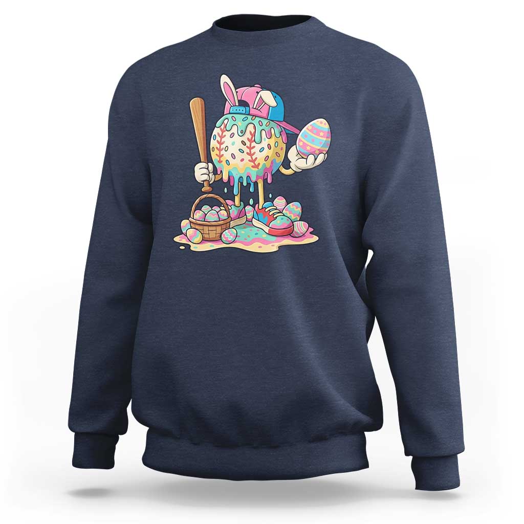 Funny Baseball Easter Bunny Graphic Sweatshirt Colorful Drip Egg Hunt Sports Mashup