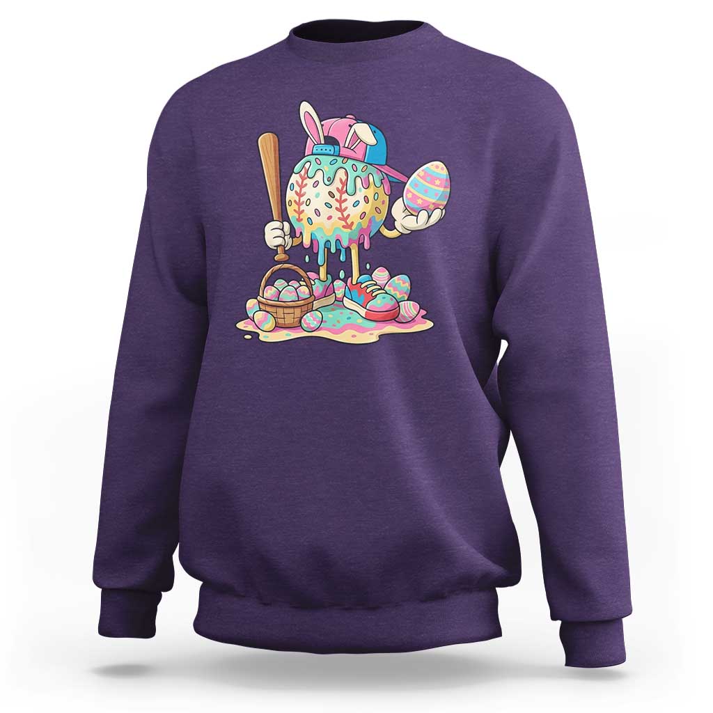 Funny Baseball Easter Bunny Graphic Sweatshirt Colorful Drip Egg Hunt Sports Mashup