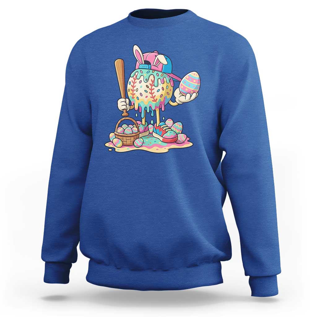 Funny Baseball Easter Bunny Graphic Sweatshirt Colorful Drip Egg Hunt Sports Mashup