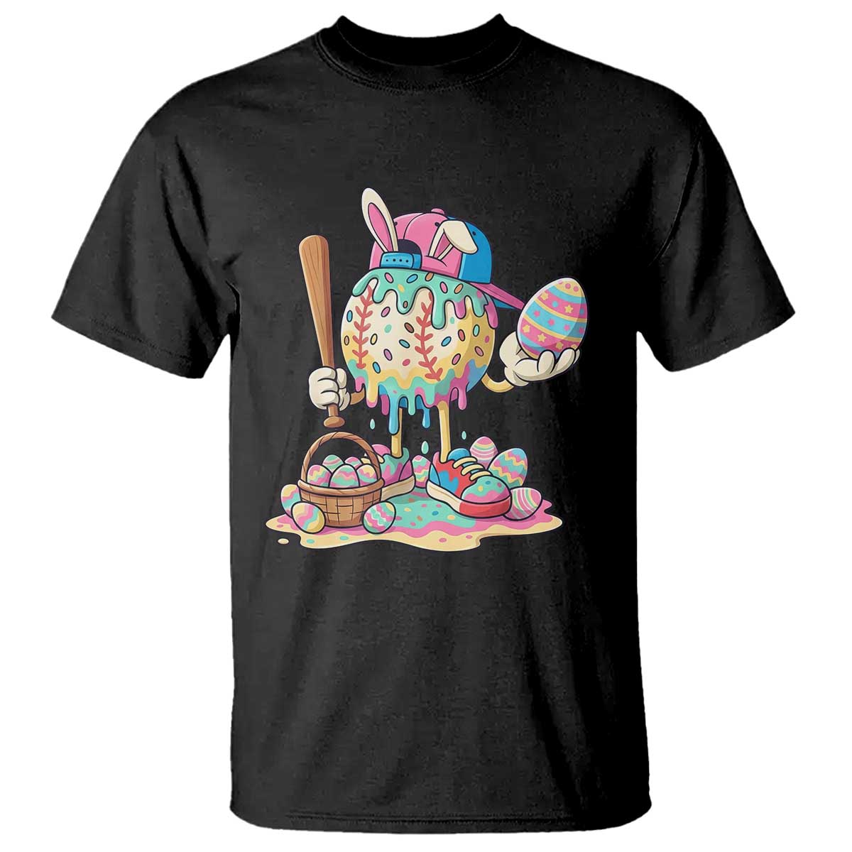 Funny Baseball Easter Bunny Graphic T Shirt Colorful Drip Egg Hunt Sports Mashup