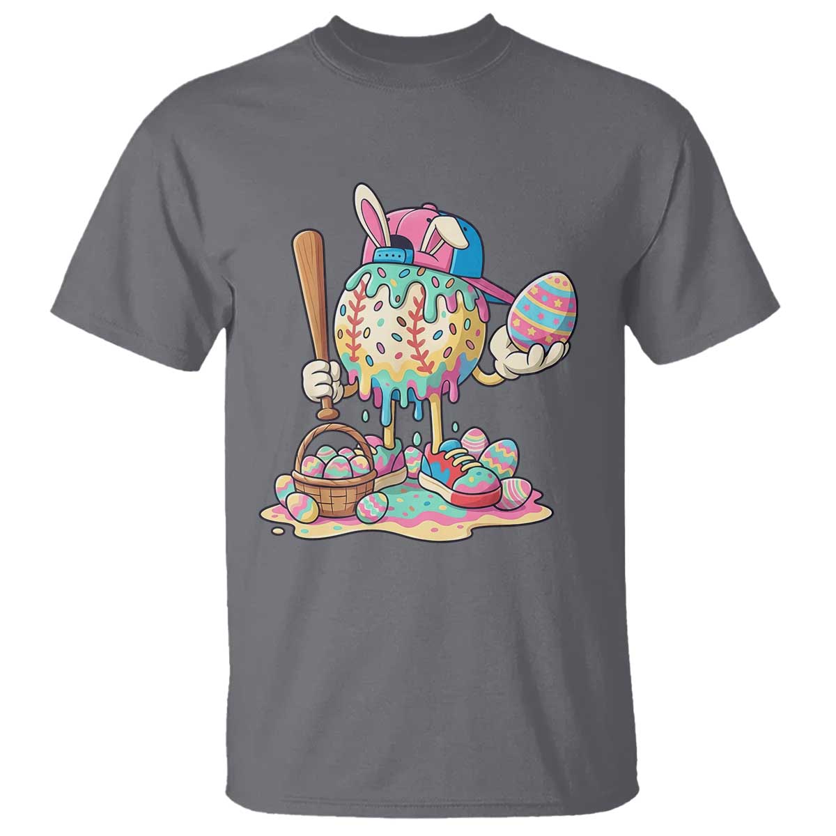 Funny Baseball Easter Bunny Graphic T Shirt Colorful Drip Egg Hunt Sports Mashup
