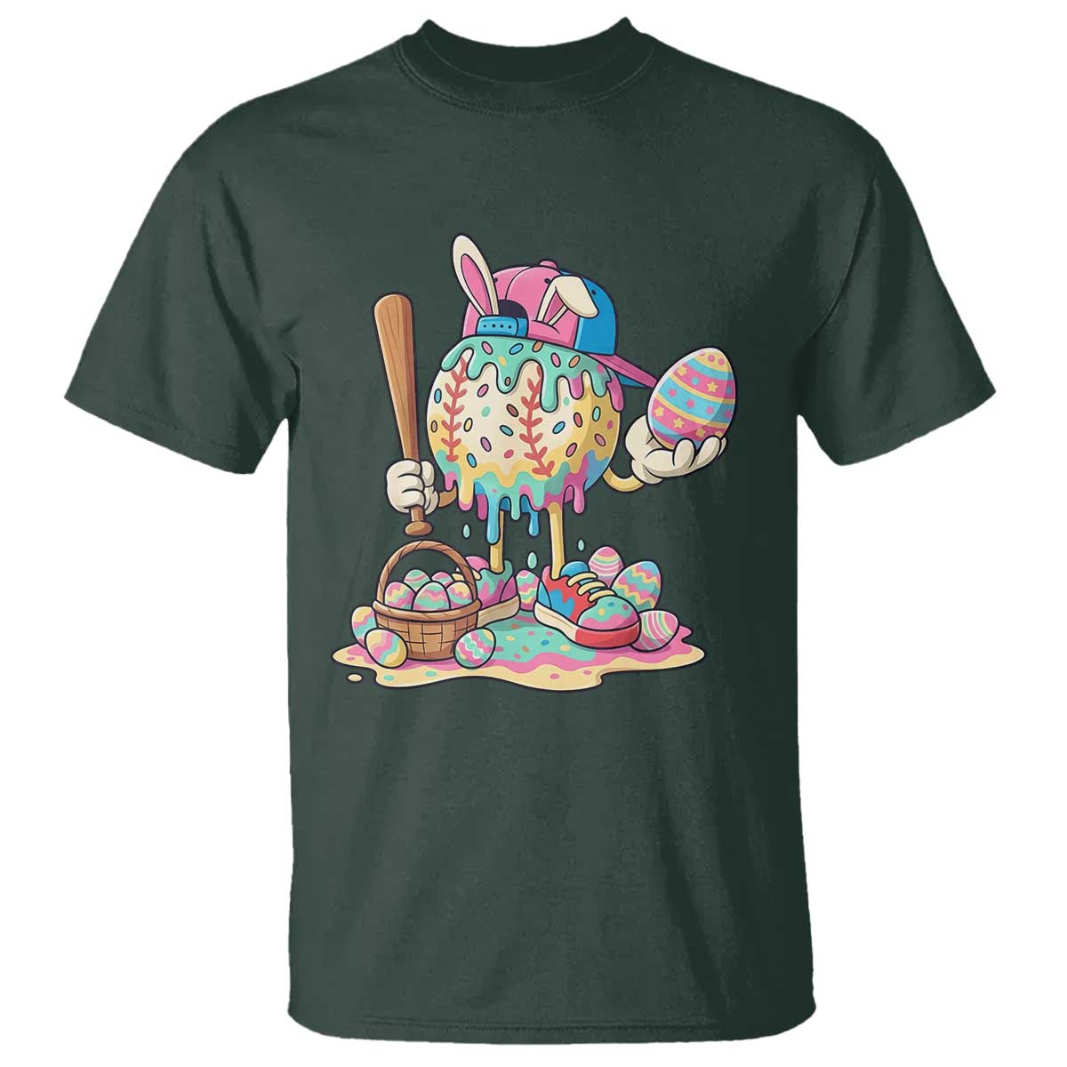 Funny Baseball Easter Bunny Graphic T Shirt Colorful Drip Egg Hunt Sports Mashup