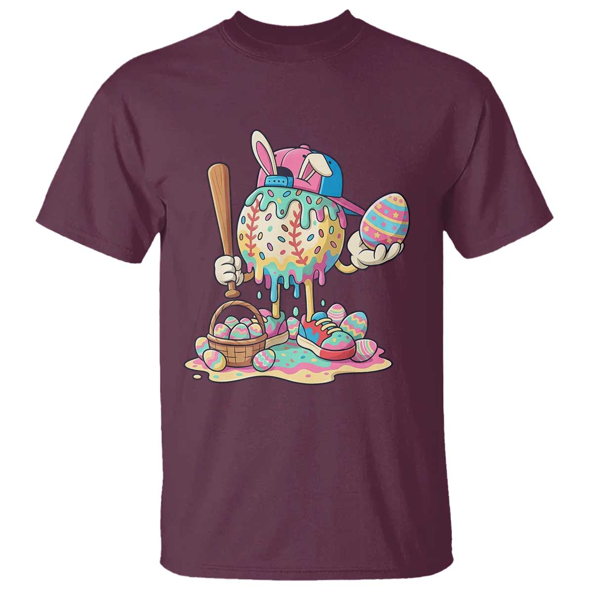 Funny Baseball Easter Bunny Graphic T Shirt Colorful Drip Egg Hunt Sports Mashup
