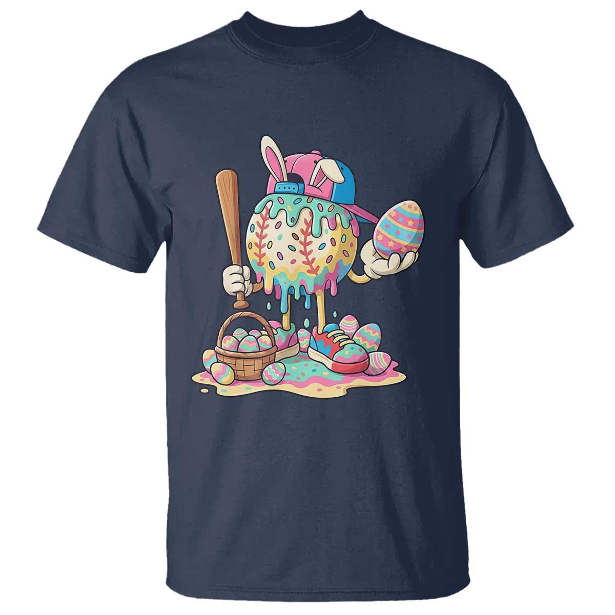 Funny Baseball Easter Bunny Graphic T Shirt Colorful Drip Egg Hunt Sports Mashup