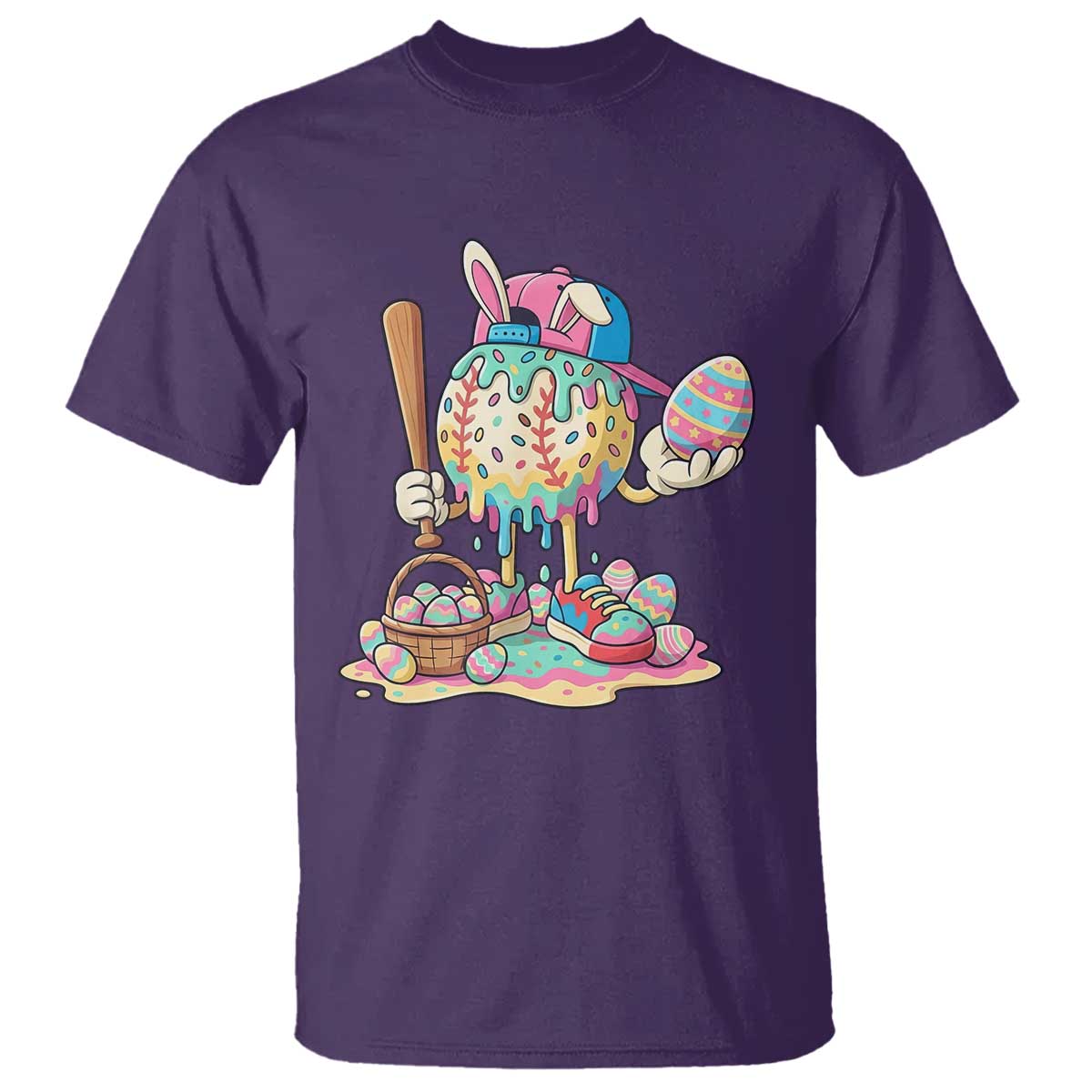 Funny Baseball Easter Bunny Graphic T Shirt Colorful Drip Egg Hunt Sports Mashup