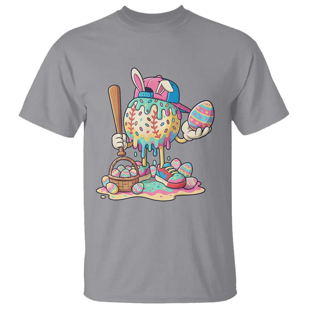 Funny Baseball Easter Bunny Graphic T Shirt Colorful Drip Egg Hunt Sports Mashup