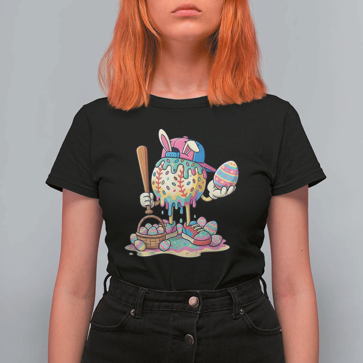Funny Baseball Easter Bunny Graphic T Shirt For Women Colorful Drip Egg Hunt Sports Mashup