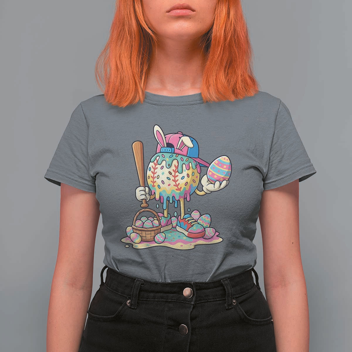 Funny Baseball Easter Bunny Graphic T Shirt For Women Colorful Drip Egg Hunt Sports Mashup