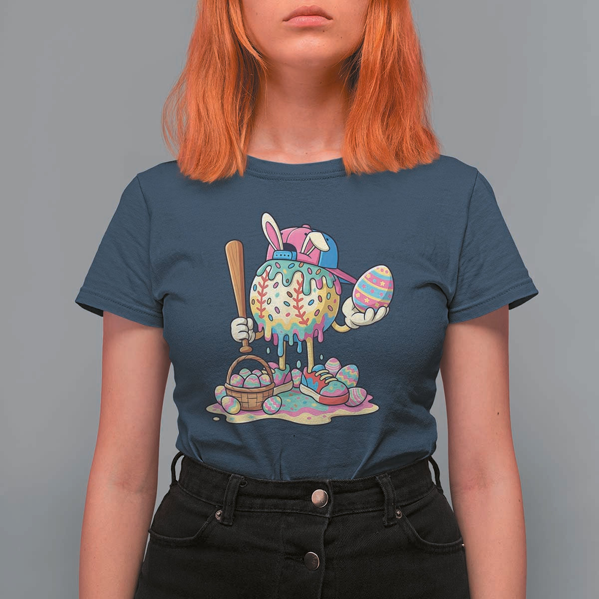 Funny Baseball Easter Bunny Graphic T Shirt For Women Colorful Drip Egg Hunt Sports Mashup