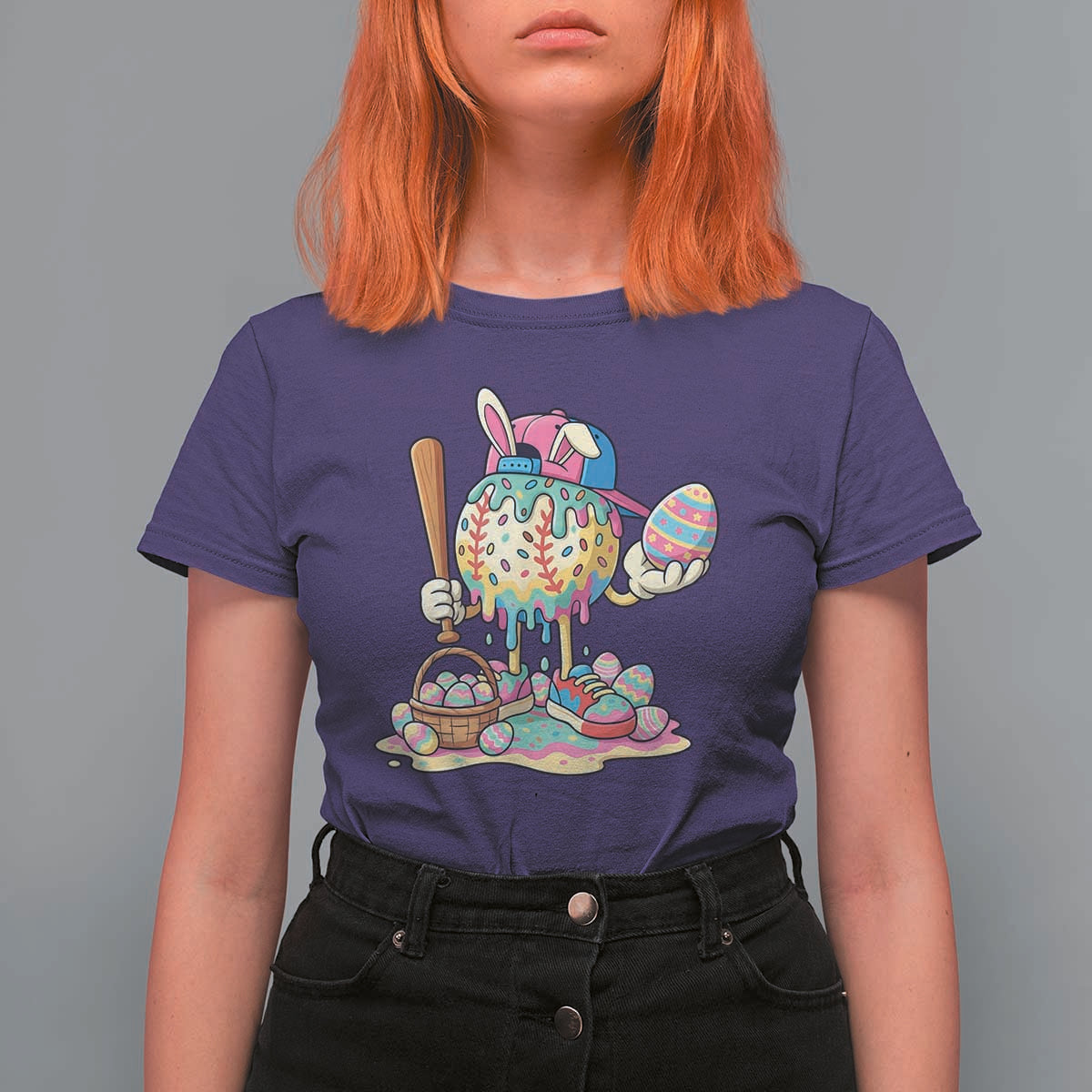 Funny Baseball Easter Bunny Graphic T Shirt For Women Colorful Drip Egg Hunt Sports Mashup