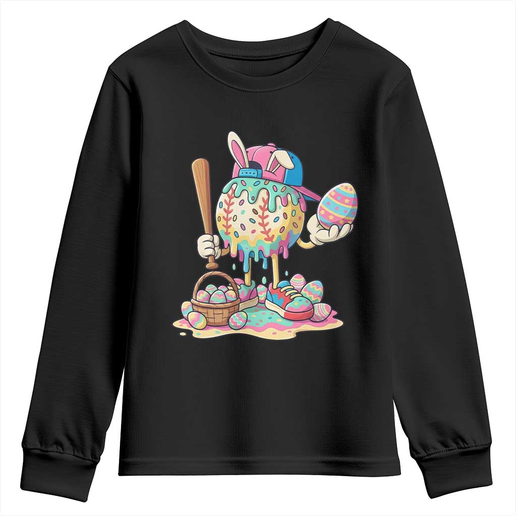 Funny Baseball Easter Bunny Graphic Youth Sweatshirt Colorful Drip Egg Hunt Sports Mashup