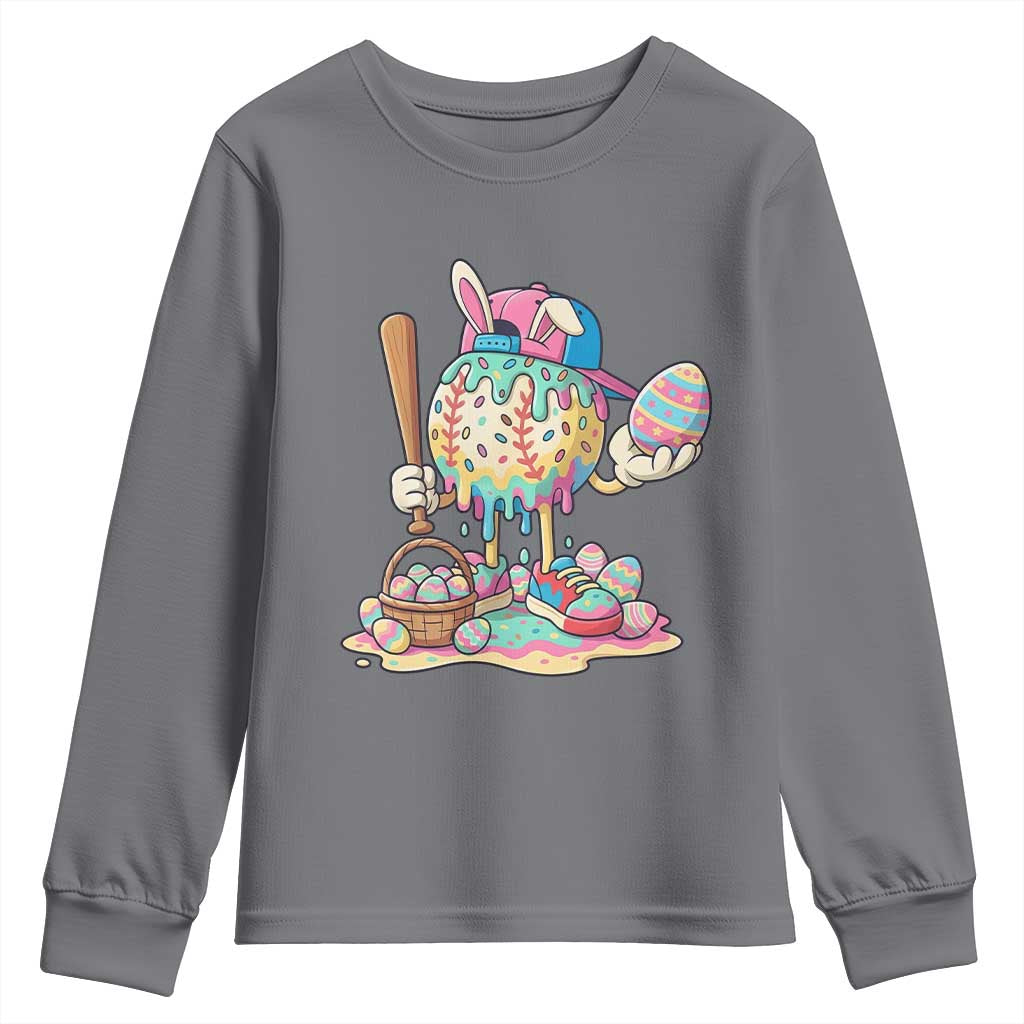 Funny Baseball Easter Bunny Graphic Youth Sweatshirt Colorful Drip Egg Hunt Sports Mashup