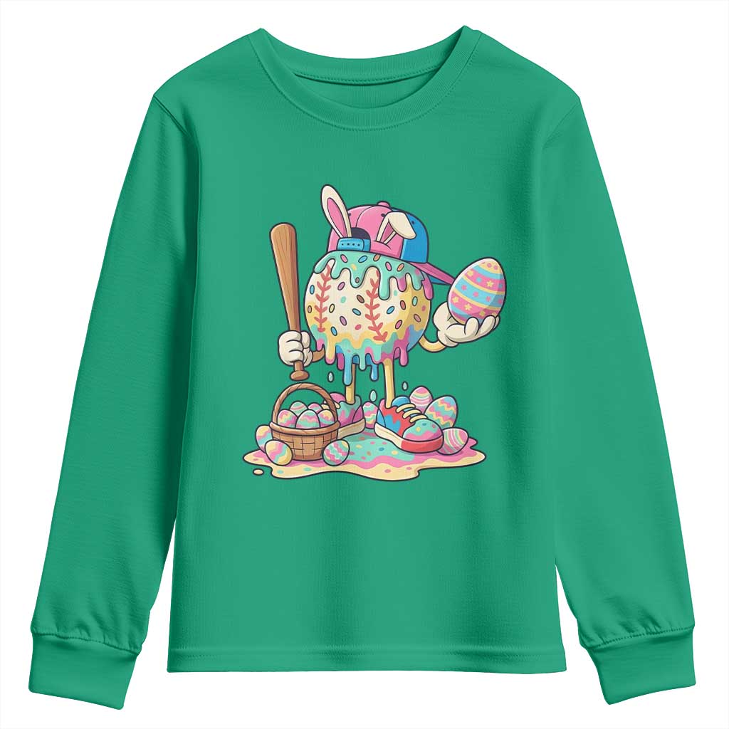 Funny Baseball Easter Bunny Graphic Youth Sweatshirt Colorful Drip Egg Hunt Sports Mashup