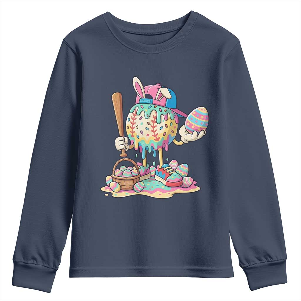 Funny Baseball Easter Bunny Graphic Youth Sweatshirt Colorful Drip Egg Hunt Sports Mashup