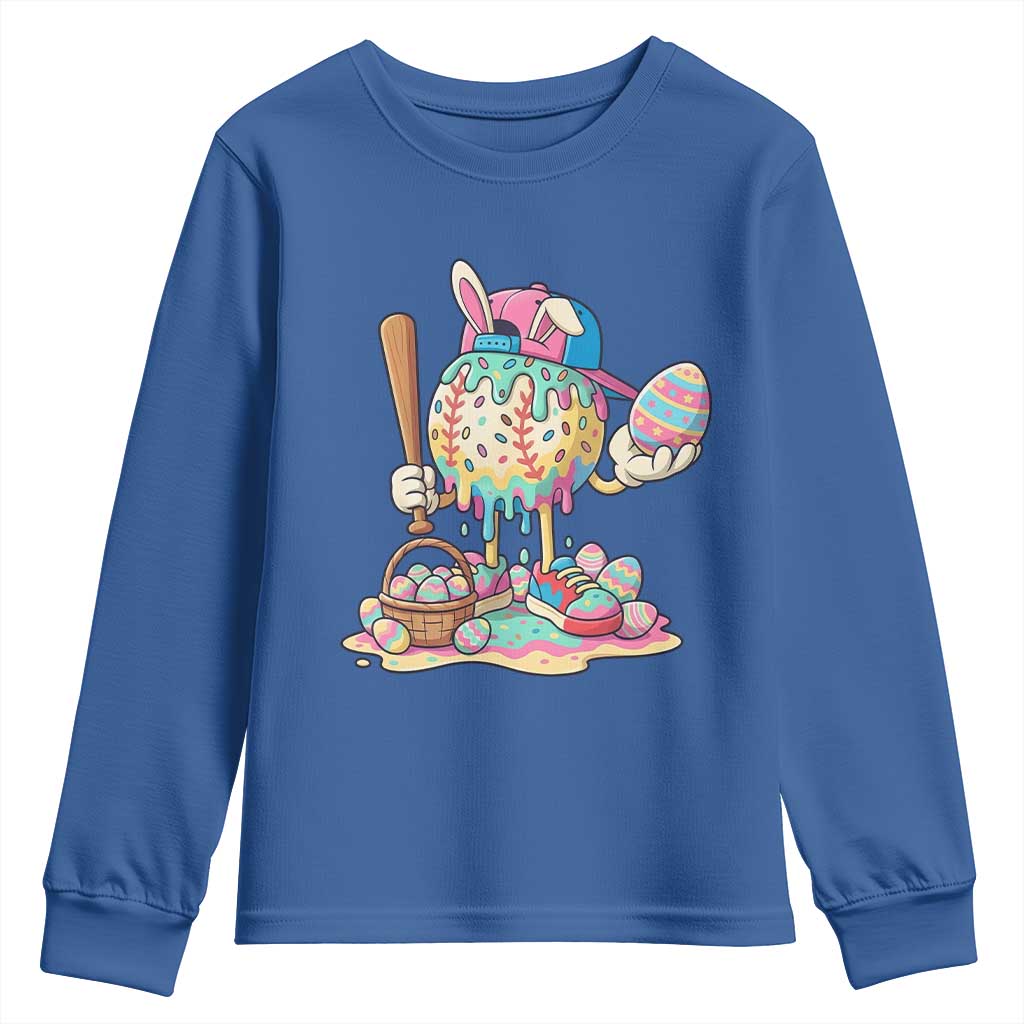 Funny Baseball Easter Bunny Graphic Youth Sweatshirt Colorful Drip Egg Hunt Sports Mashup