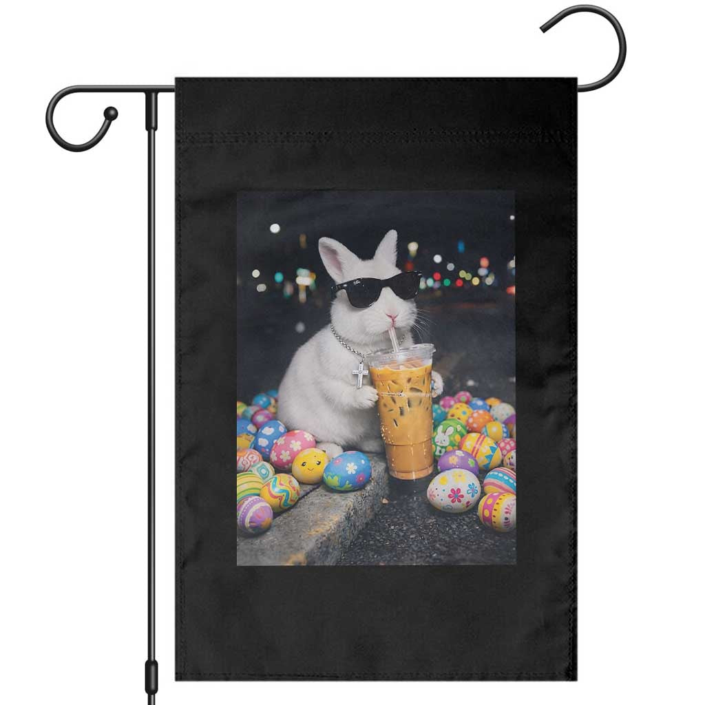 Cool Easter Bunny Drinking Iced Coffee Graphic Garden Flag Funny Sunglasses Rabbit Spring Aesthetic