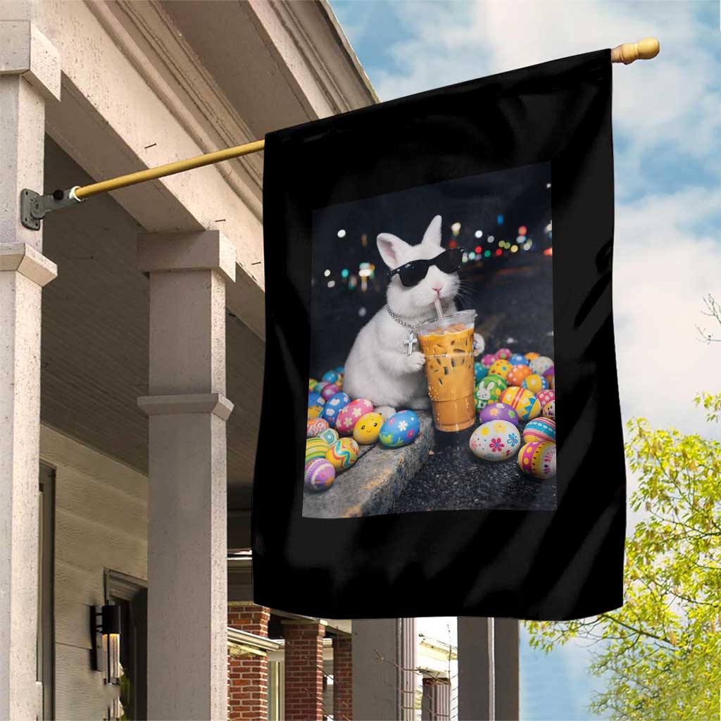 Cool Easter Bunny Drinking Iced Coffee Graphic Garden Flag Funny Sunglasses Rabbit Spring Aesthetic