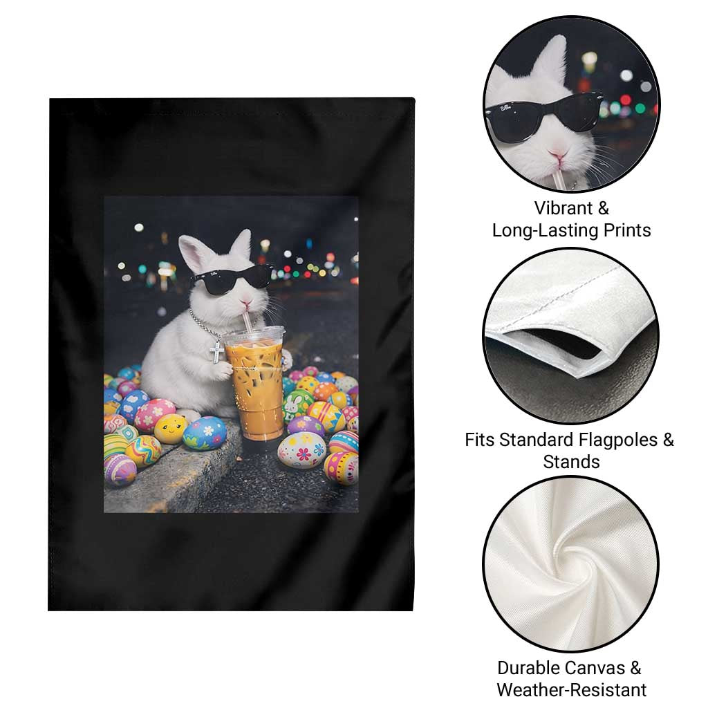 Cool Easter Bunny Drinking Iced Coffee Graphic Garden Flag Funny Sunglasses Rabbit Spring Aesthetic