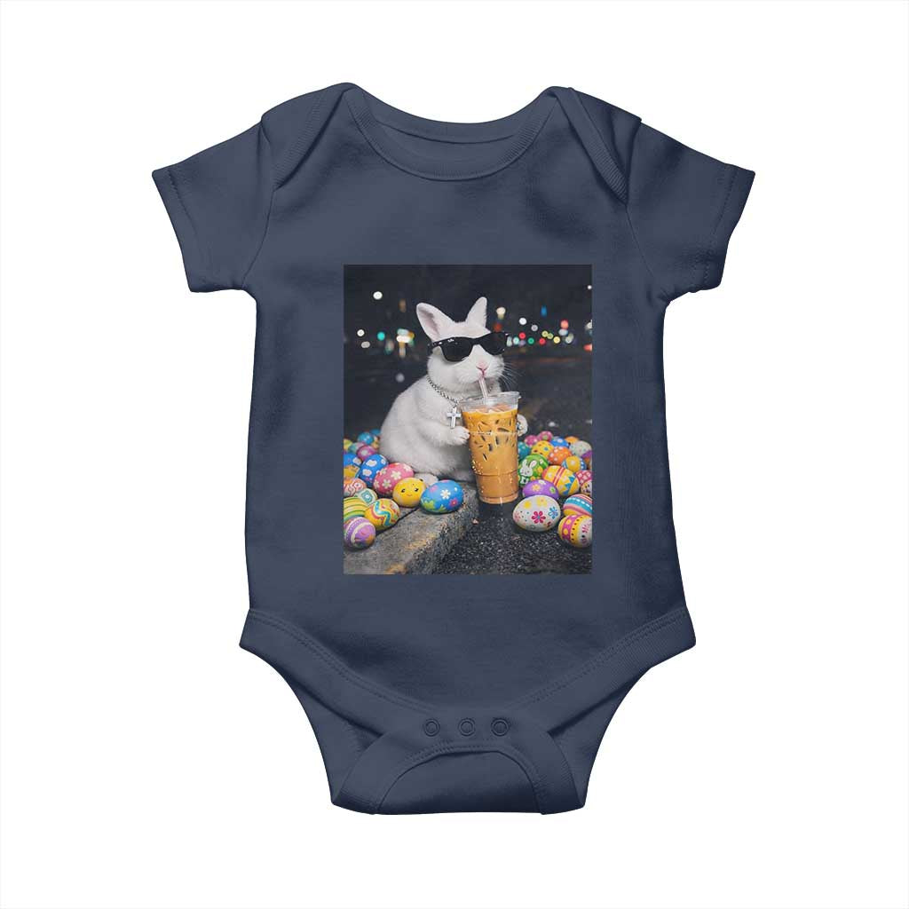 Cool Easter Bunny Drinking Iced Coffee Graphic Baby Onesie Funny Sunglasses Rabbit Spring Aesthetic