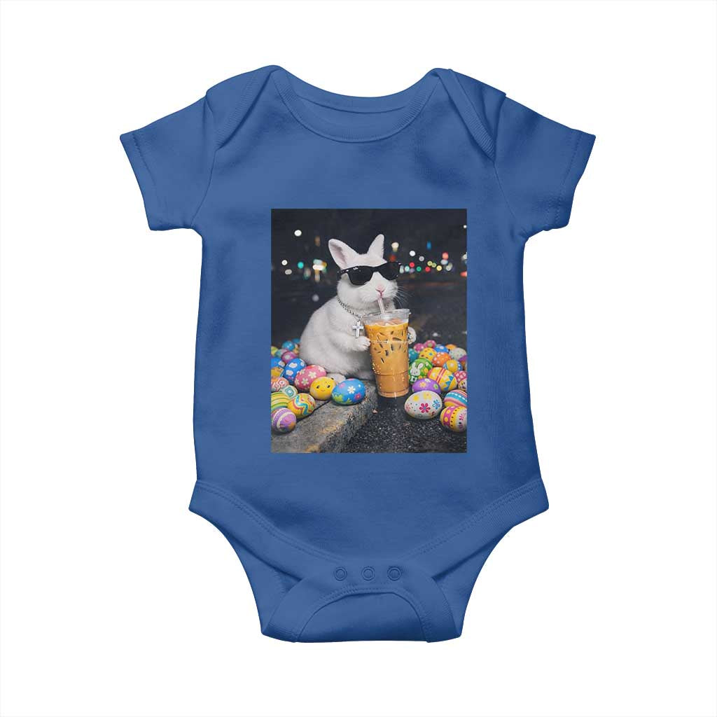 Cool Easter Bunny Drinking Iced Coffee Graphic Baby Onesie Funny Sunglasses Rabbit Spring Aesthetic