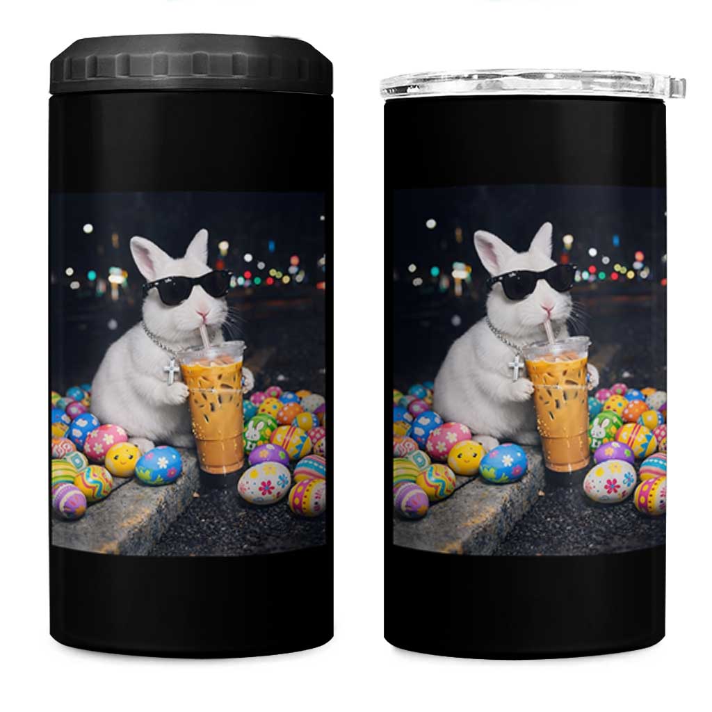Cool Easter Bunny Drinking Iced Coffee Graphic 4 in 1 Can Cooler Tumbler Funny Sunglasses Rabbit Spring Aesthetic