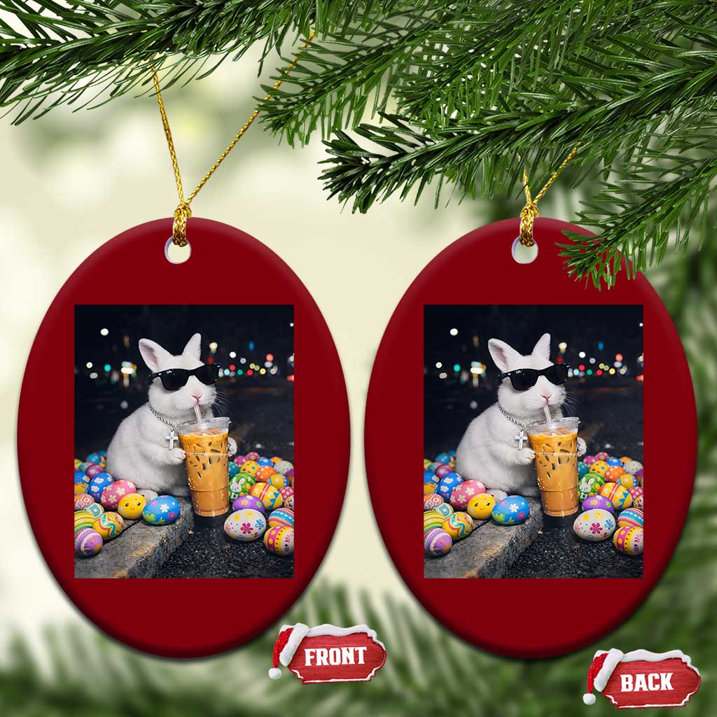 Cool Easter Bunny Drinking Iced Coffee Graphic Ceramic Ornament Funny Sunglasses Rabbit Spring Aesthetic