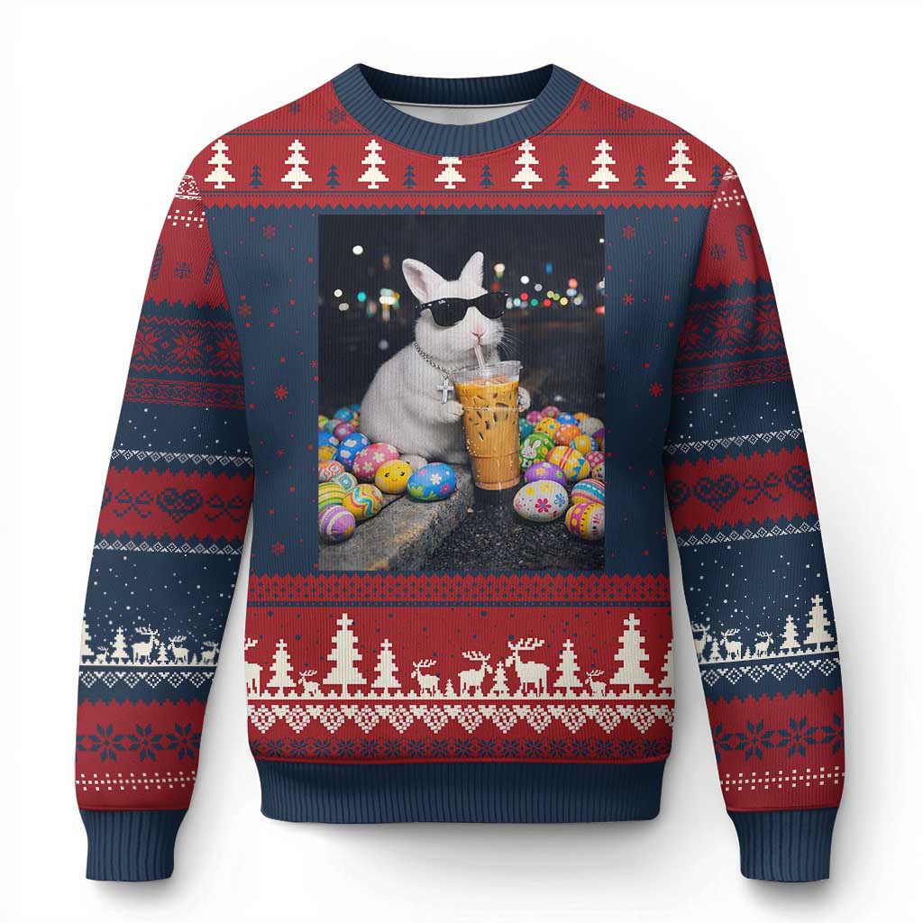 Cool Easter Bunny Drinking Iced Coffee Graphic Ugly Christmas Sweater Funny Sunglasses Rabbit Spring Aesthetic