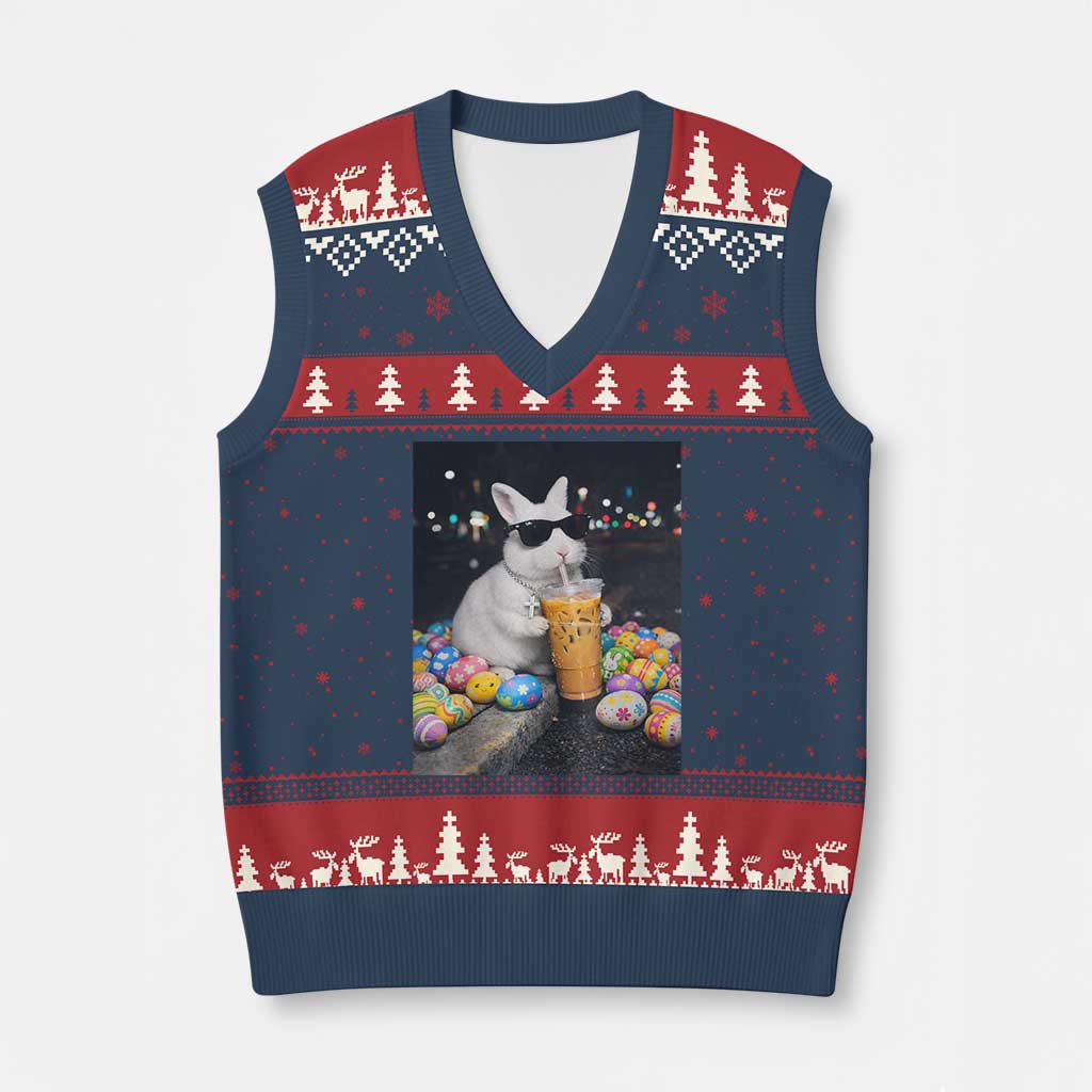 Cool Easter Bunny Drinking Iced Coffee Graphic V-Neck Knit Sweater Vest Funny Sunglasses Rabbit Spring Aesthetic
