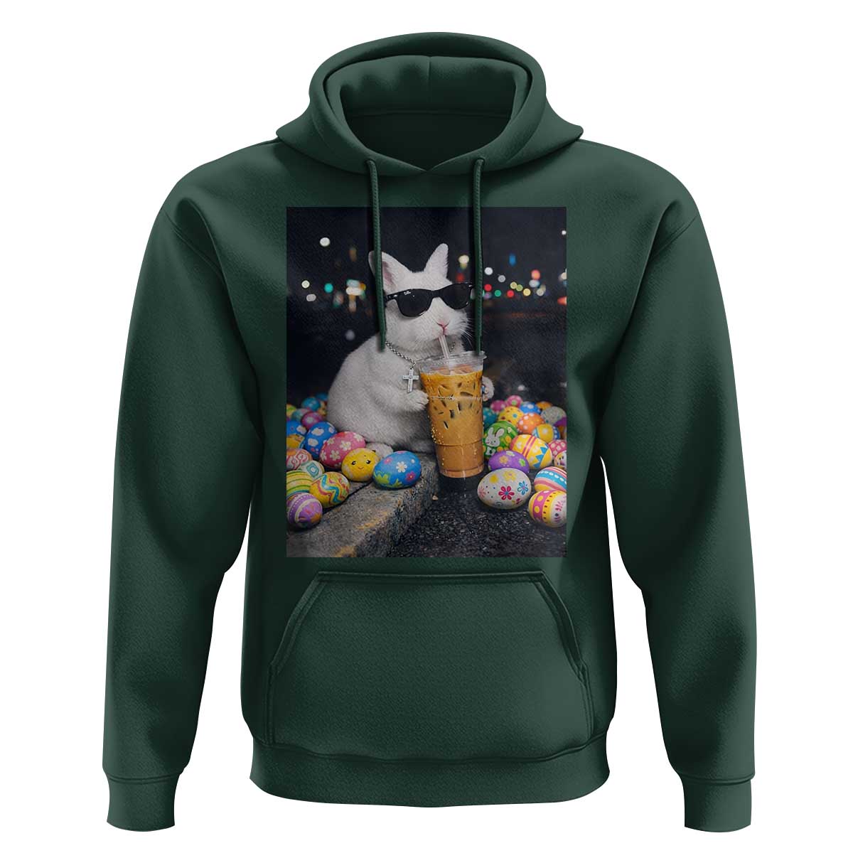 Cool Easter Bunny Drinking Iced Coffee Graphic Hoodie Funny Sunglasses Rabbit Spring Aesthetic