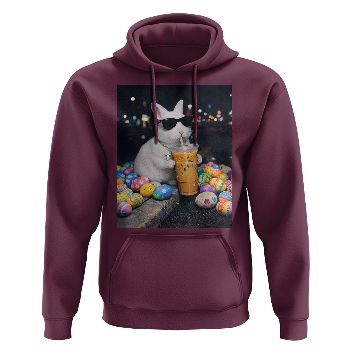 Cool Easter Bunny Drinking Iced Coffee Graphic Hoodie Funny Sunglasses Rabbit Spring Aesthetic