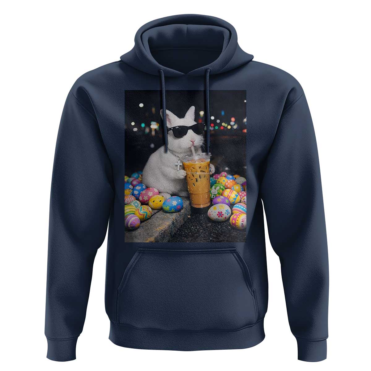 Cool Easter Bunny Drinking Iced Coffee Graphic Hoodie Funny Sunglasses Rabbit Spring Aesthetic