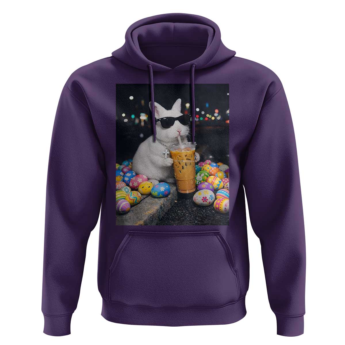 Cool Easter Bunny Drinking Iced Coffee Graphic Hoodie Funny Sunglasses Rabbit Spring Aesthetic