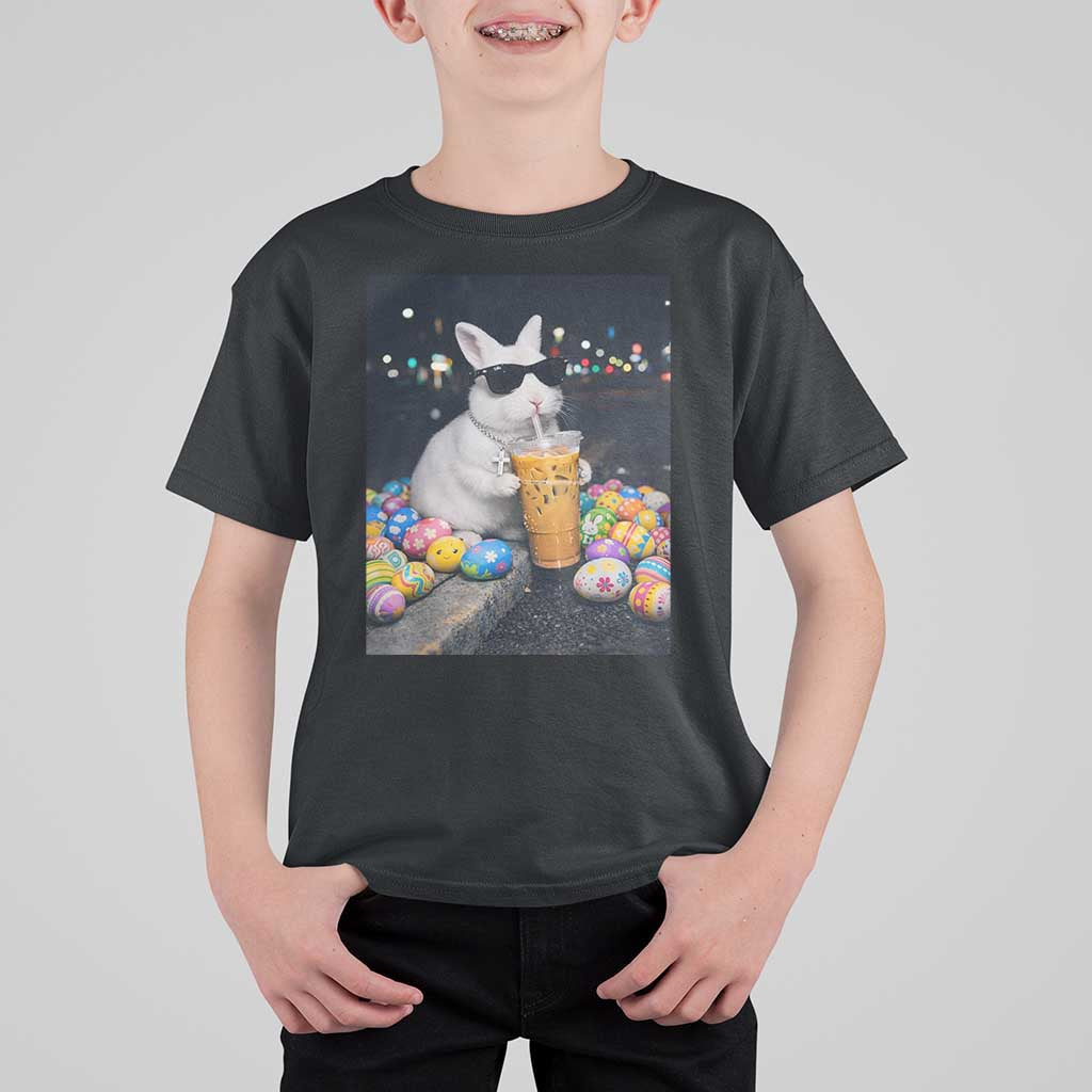 Cool Easter Bunny Drinking Iced Coffee Graphic T Shirt For Kid Funny Sunglasses Rabbit Spring Aesthetic
