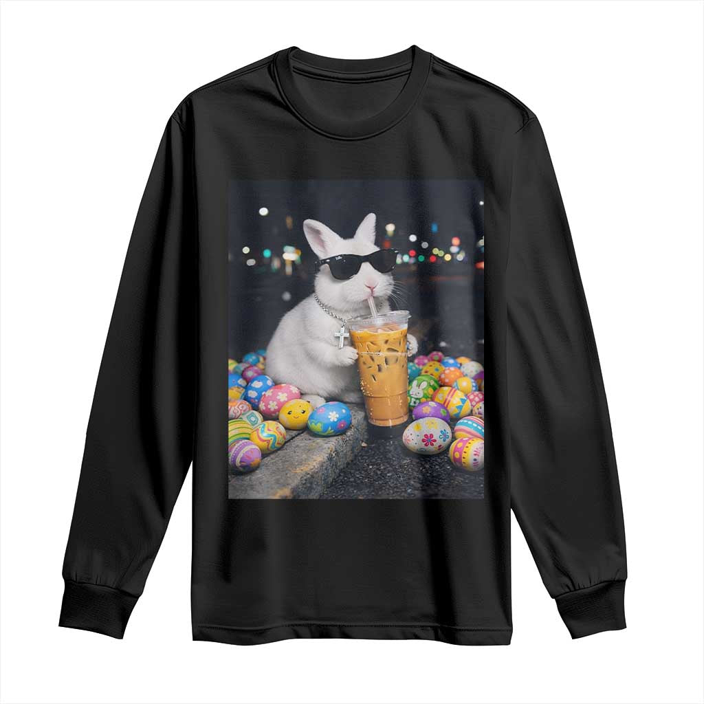 Cool Easter Bunny Drinking Iced Coffee Graphic Long Sleeve Shirt Funny Sunglasses Rabbit Spring Aesthetic