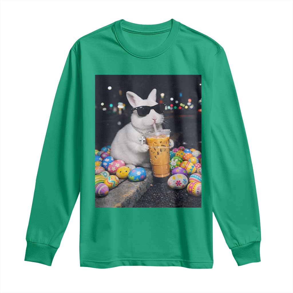 Cool Easter Bunny Drinking Iced Coffee Graphic Long Sleeve Shirt Funny Sunglasses Rabbit Spring Aesthetic