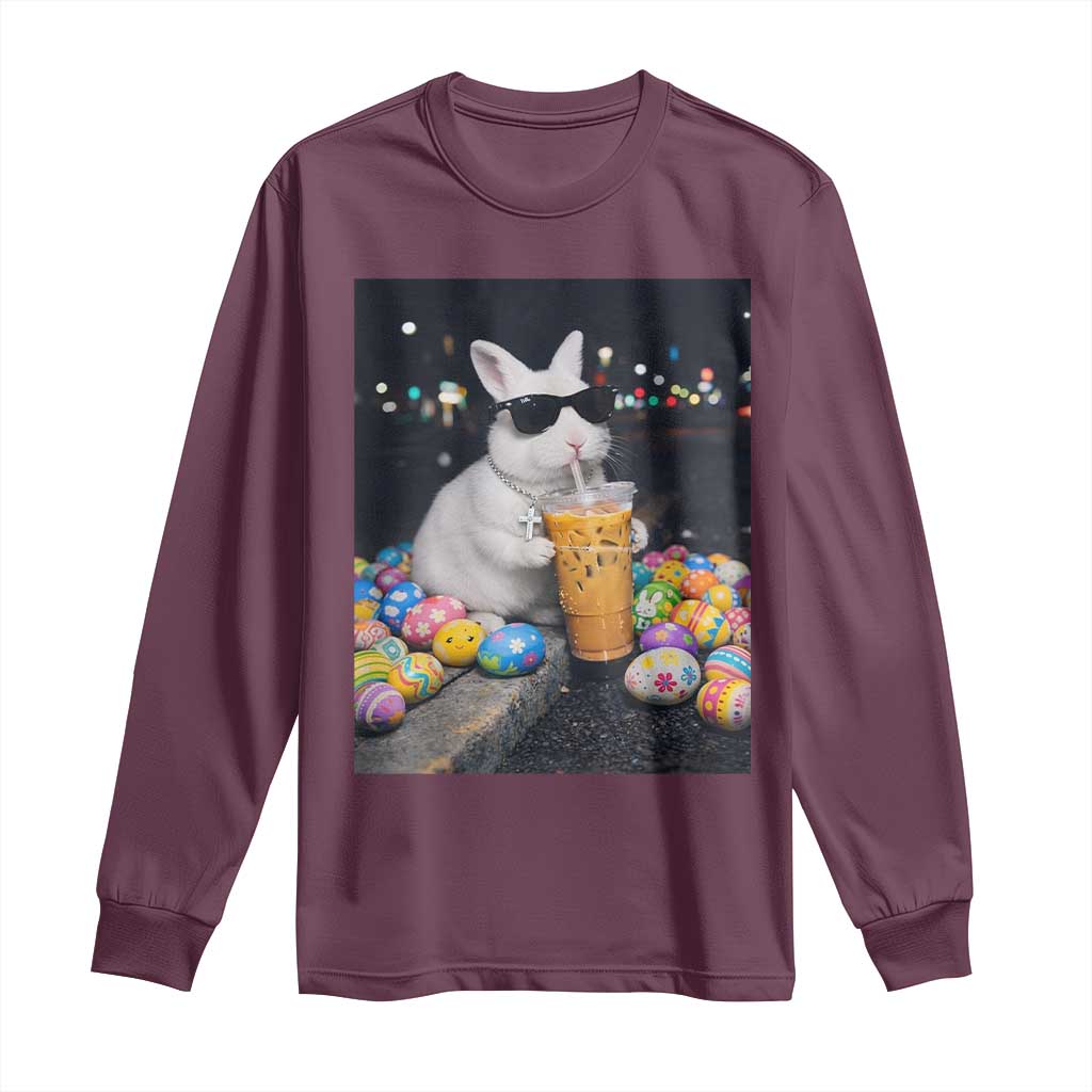 Cool Easter Bunny Drinking Iced Coffee Graphic Long Sleeve Shirt Funny Sunglasses Rabbit Spring Aesthetic