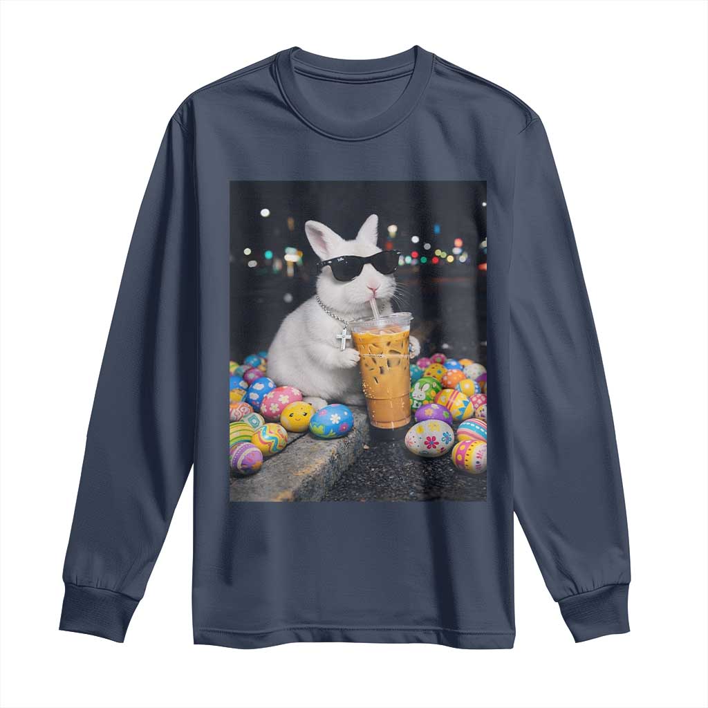 Cool Easter Bunny Drinking Iced Coffee Graphic Long Sleeve Shirt Funny Sunglasses Rabbit Spring Aesthetic