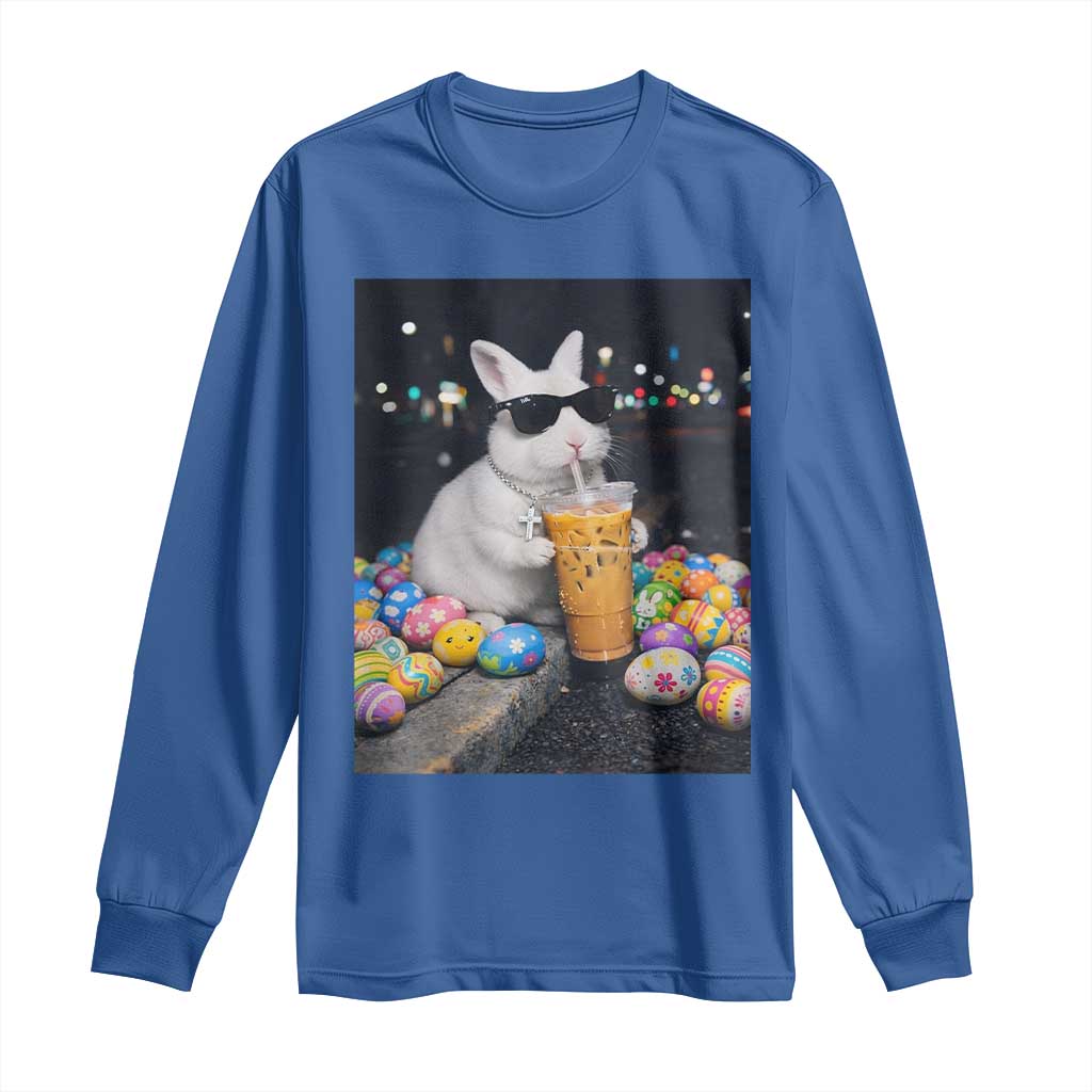 Cool Easter Bunny Drinking Iced Coffee Graphic Long Sleeve Shirt Funny Sunglasses Rabbit Spring Aesthetic